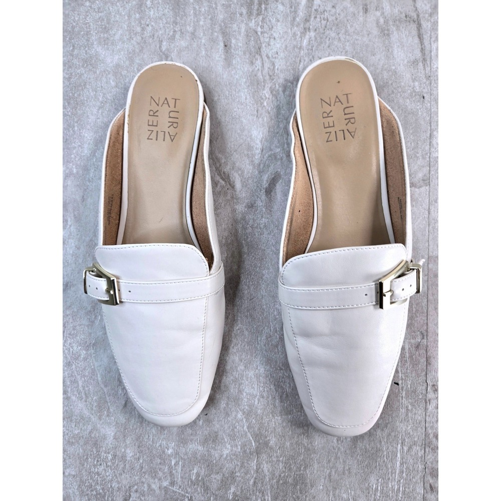 Naturalizer Buckle Mule Shoes 10 White Flat Slip On Comfort Loafers Minimalist